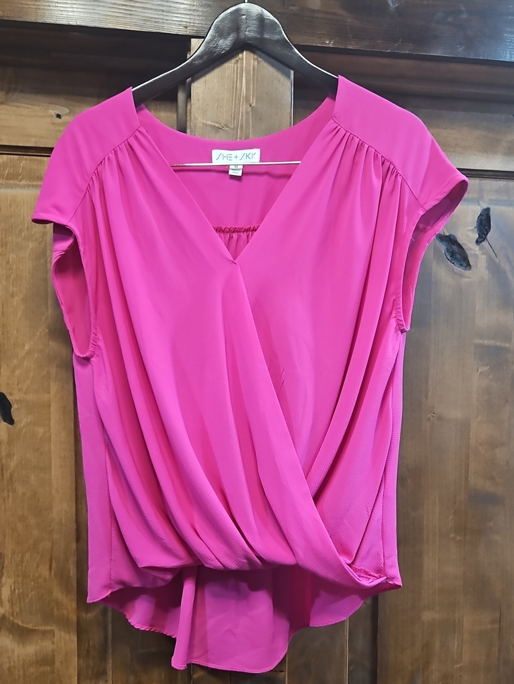 She + Sky Bright Fuchsia Surplice Cap-Sleeve Blouse